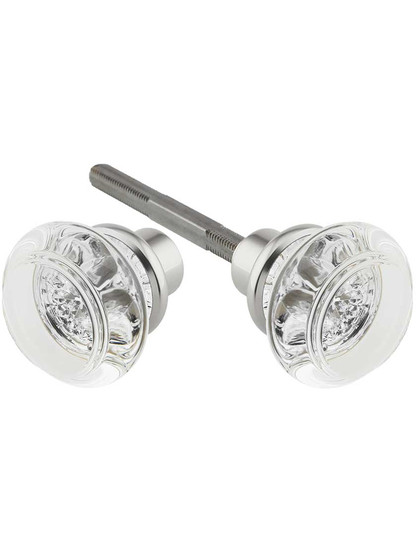 Pair of Lead Free Round Crystal Door Knobs with Brass Base in Polished Nickel.